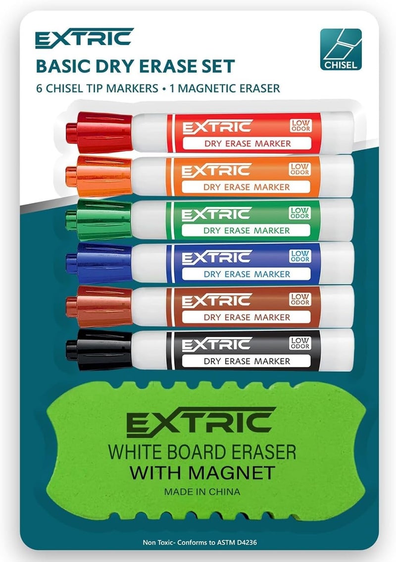 EXTRIC Dry Erase Markers Chisel Tip, 6 Whiteboard Markers, Dry Erase Marker with Eraser 6 Pack White Board Marker for Kids, School Supplies and Teachers - Image 1